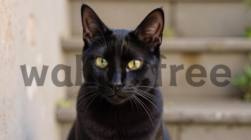 Black Cat Portrait On Stairs