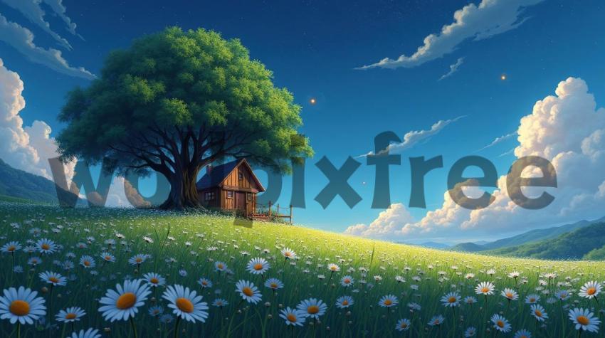 Cottage Under Tree in Flowered Meadow