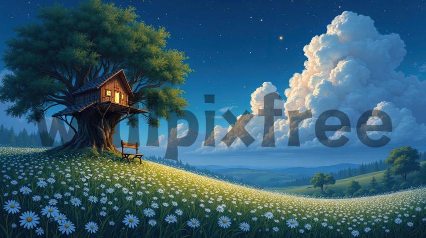 Treehouse Under Starry Sky in Flower Meadow