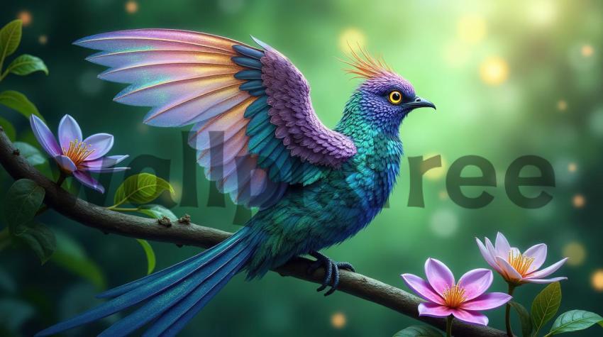 Fantasy Bird with Colorful Feathers and Flowers