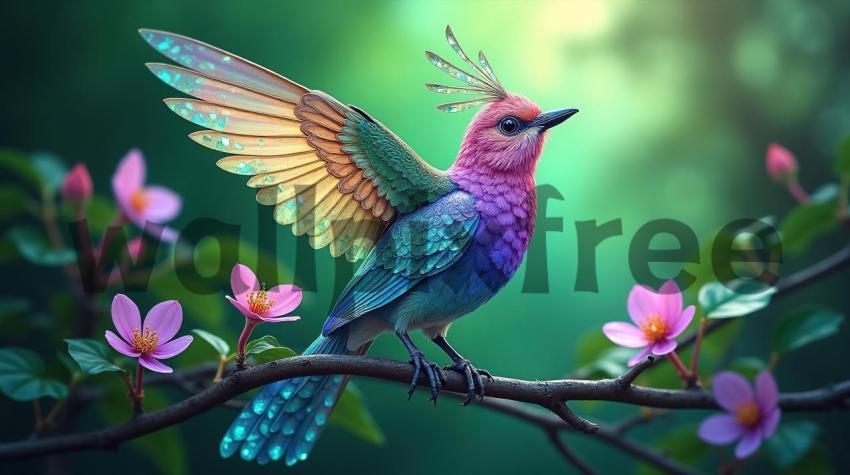 Fantasy Bird with Colorful Feathers and Blossoms