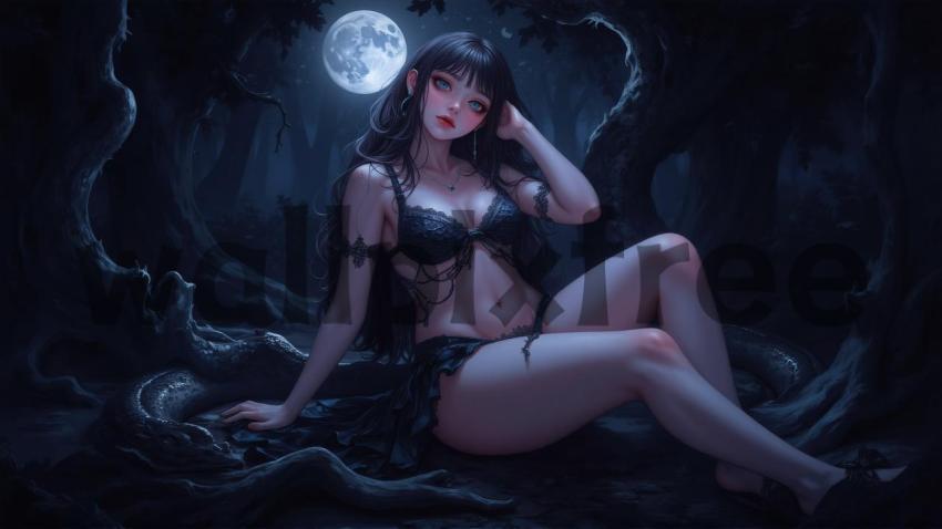 Mystical Woman in Moonlit Forest