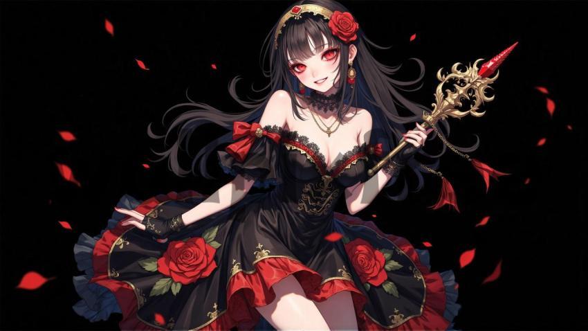 Gothic Anime Character with Staff and Roses