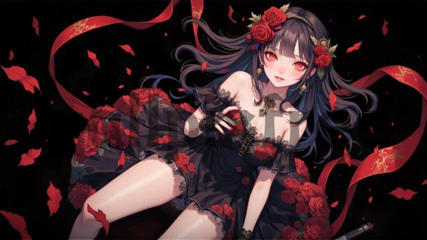 Gothic Anime Girl with Roses and Black Dress