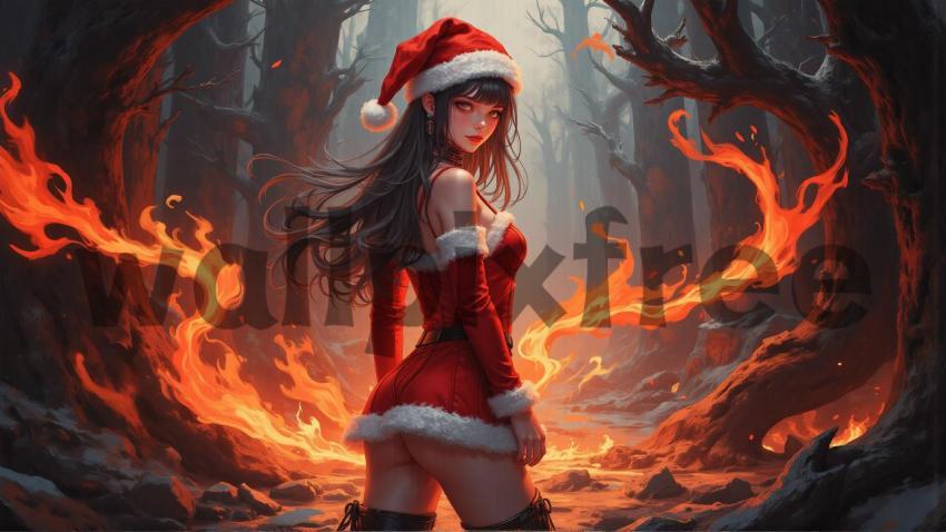 Anime Santa Girl in Fiery Forest