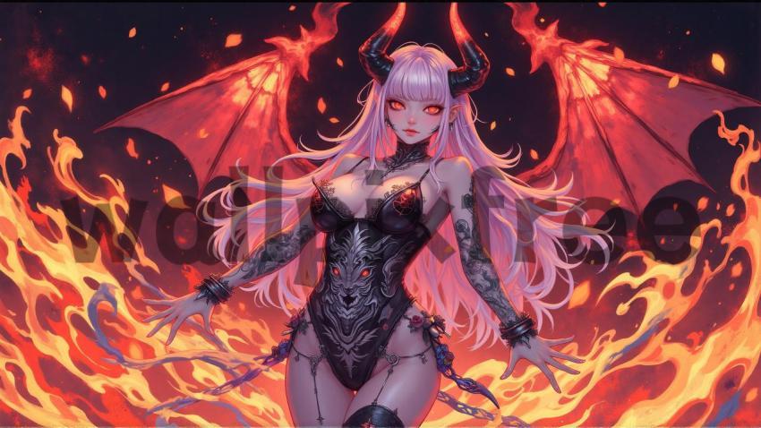 Demoness With Fiery Wings and Horns