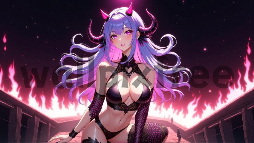 Anime Demon Girl with Purple Hair and Horns