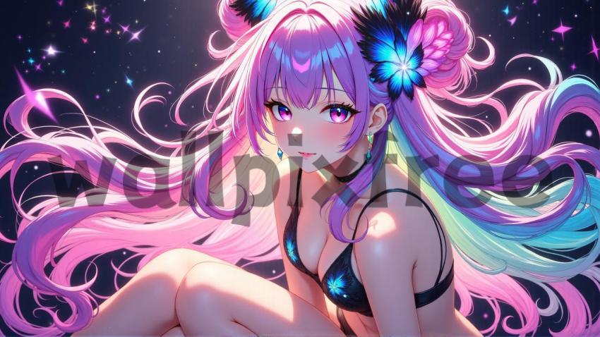 Anime Girl with Colorful Hair and Flowers