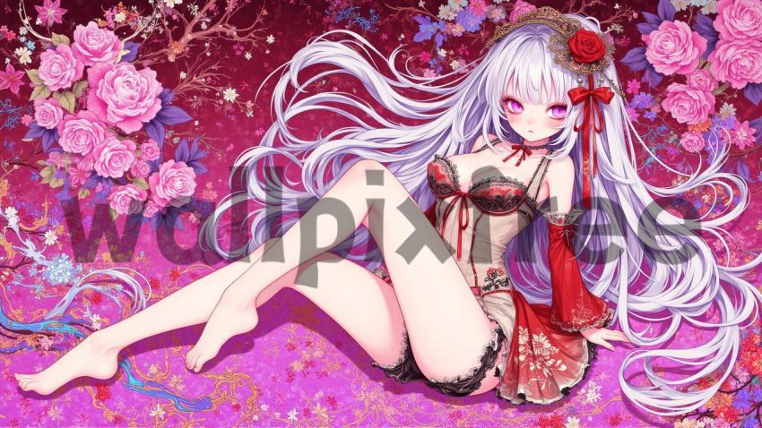 Anime Girl with Floral Background