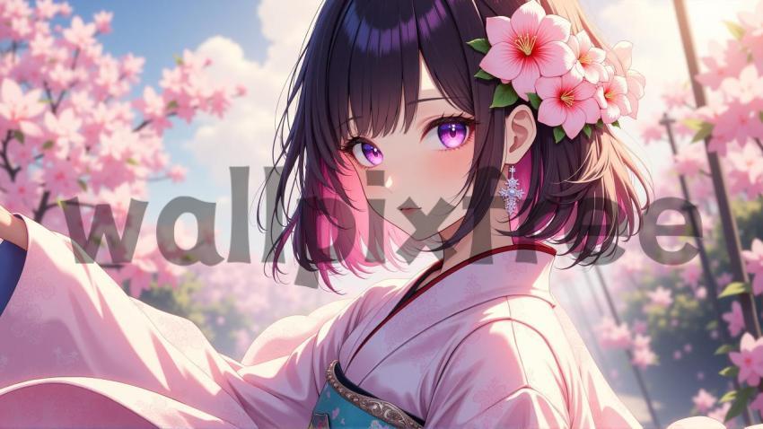 Anime Girl in Kimono with Cherry Blossoms