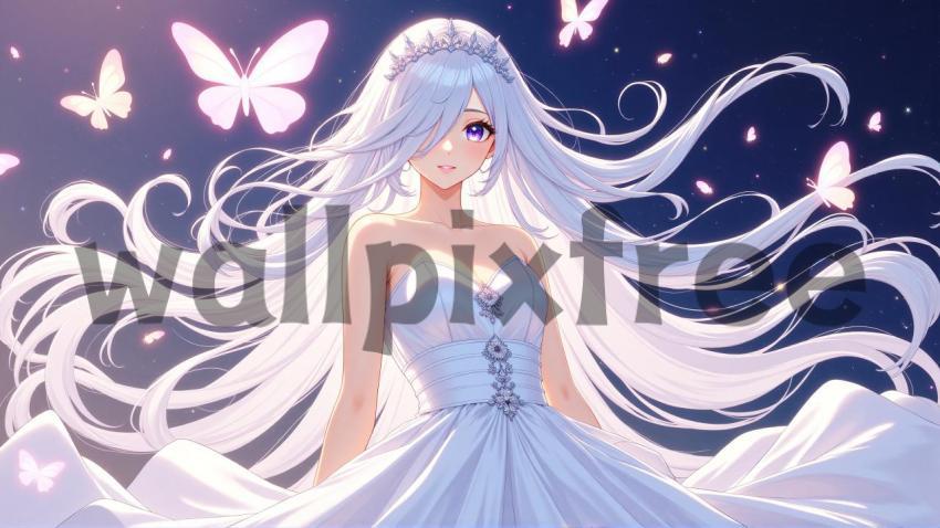 Anime Girl with Butterflies and White Dress