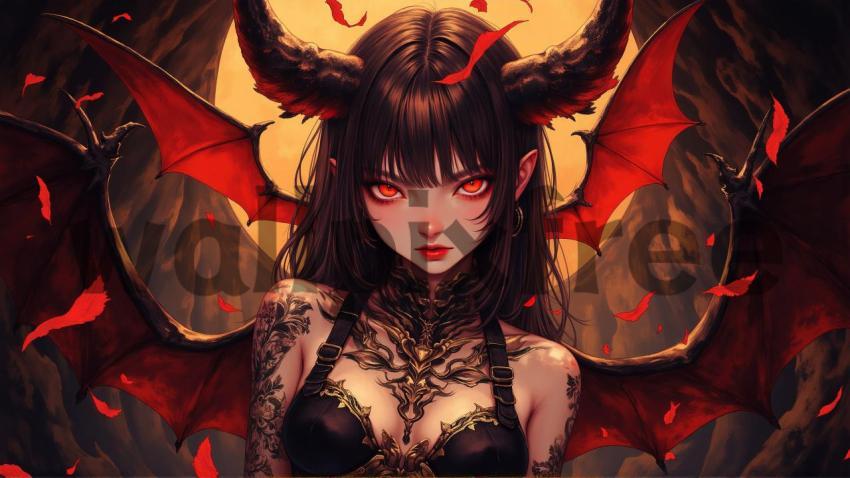 Demon Girl with Red Wings and Horns