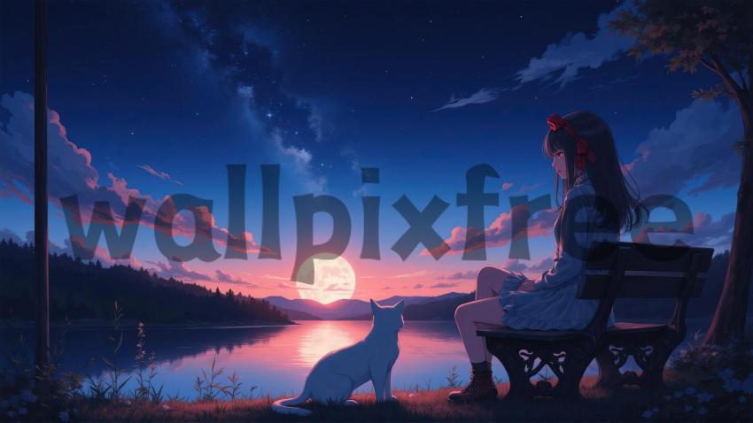 Girl and Cat by Moonlit Lake