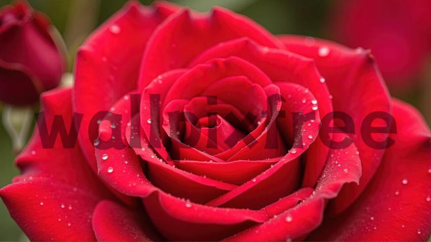 Close Up Of Red Rose With Dew Drops