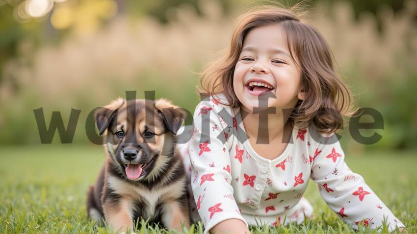 Child Laughing with Puppy in Grass