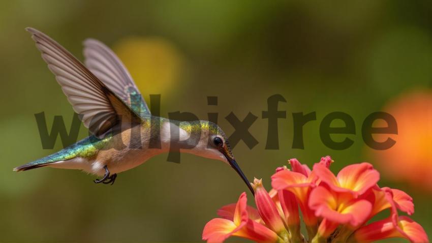 Hummingbird Feeding on Flowers