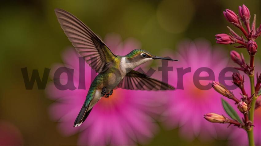 Hummingbird In Flight Near Pink Flowers