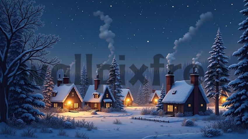 Snowy Winter Village at Night