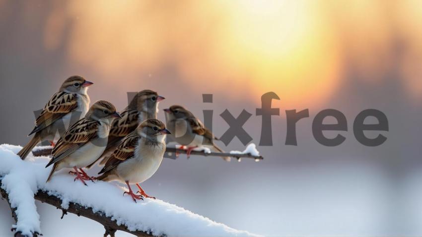 Sparrows Perched on Snowy Branch at Sunset