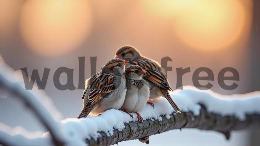 Three Birds Perched on Snowy Branch at Sunset