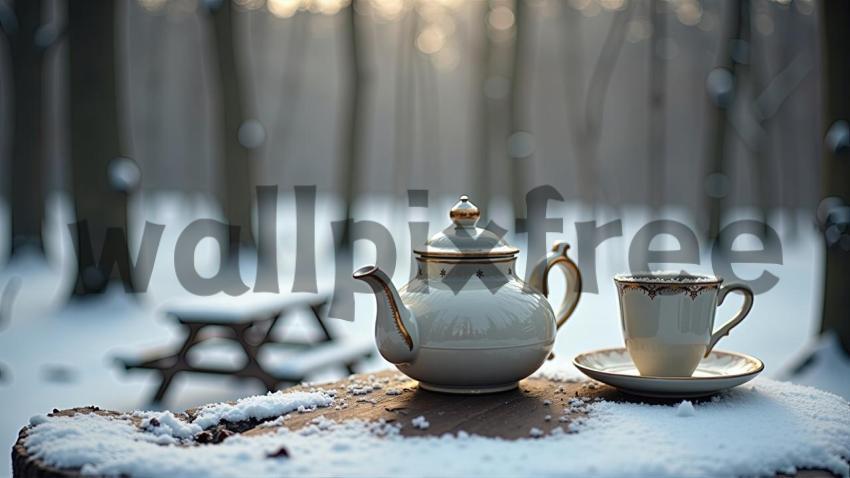 Teapot And Cup In Snowy Forest