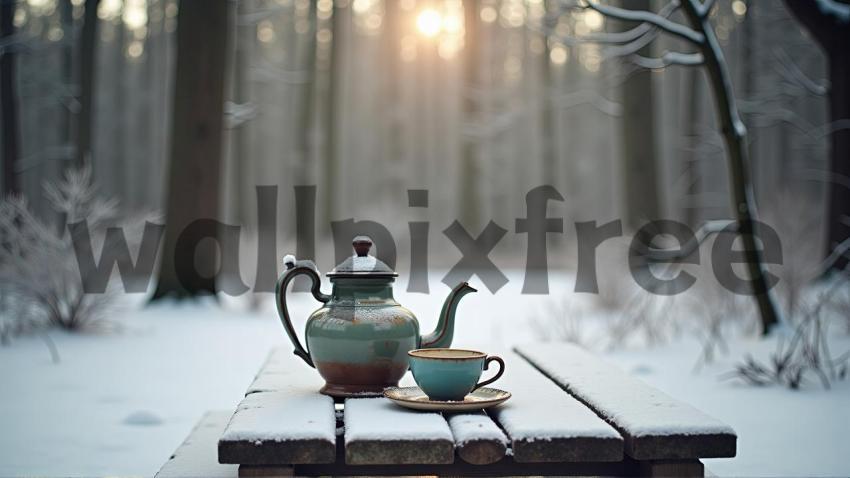 Teapot And Cup On Snowy Table In Winter Forest