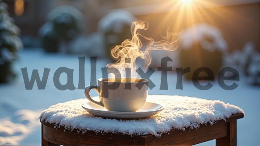 Steaming Coffee Cup on Snowy Table