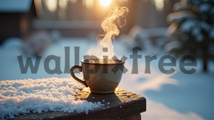 Steaming Coffee Cup in Snowy Sunrise