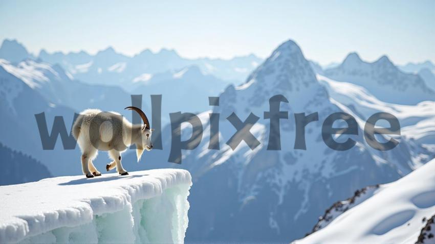 Mountain Goat on Snowy Cliff