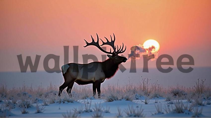 Elk in Winter Sunset Landscape