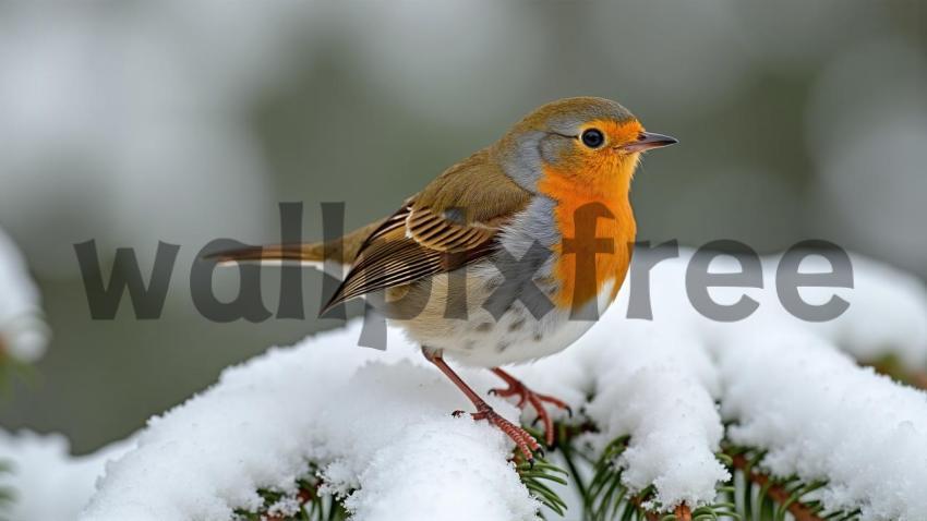 Robin Perched on Snowy Branch