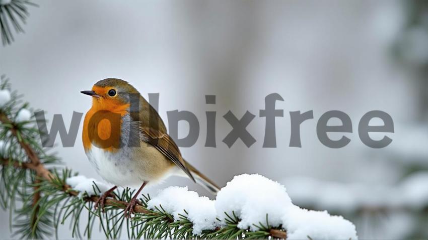 Robin Perched on Snowy Branch