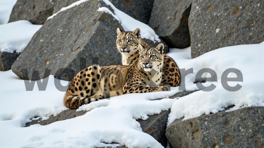 Snow Leopards Resting on Rocks