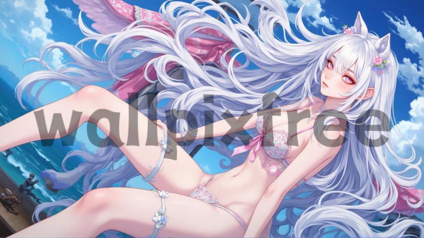 Anime Character with Long White Hair and Cat Ears at the Beach