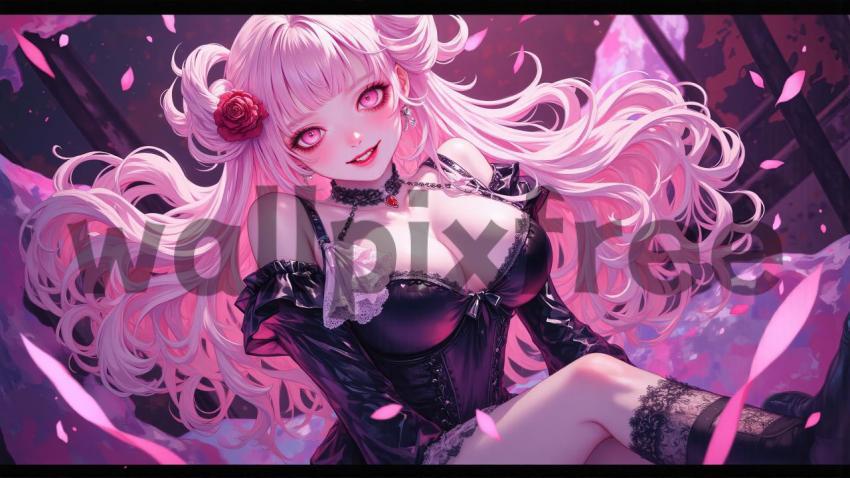 Gothic Anime Character with Pink Hair and Roses