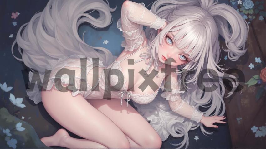 Anime Character in Lace Outfit with White Hair