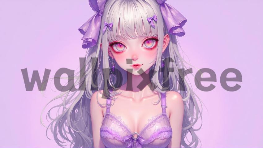 Anime Girl With Purple Hair and Lingerie