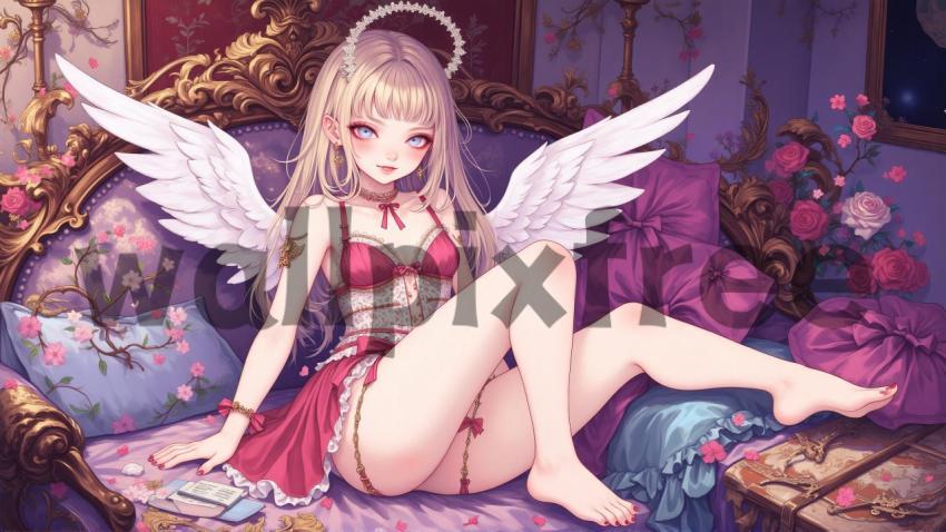 Anime Angel with Wings in Elegant Setting