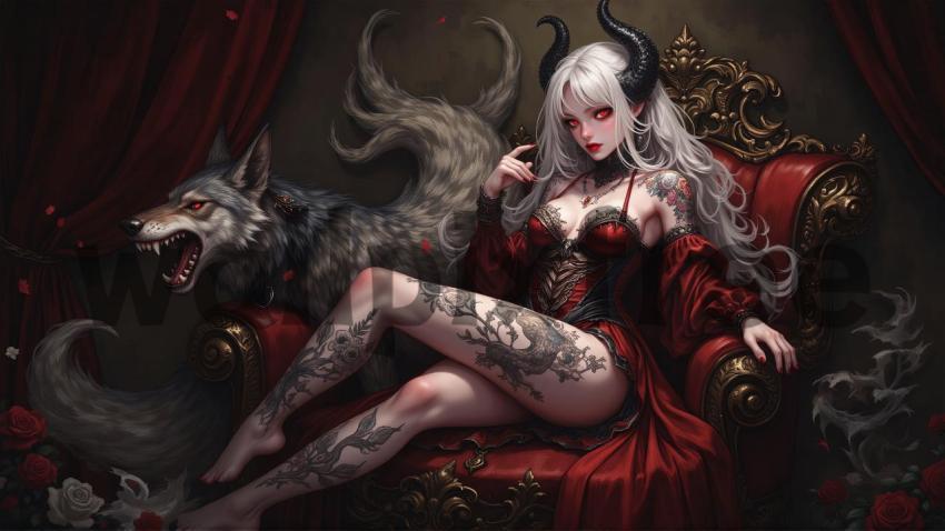 Demoness on Throne with Wolf