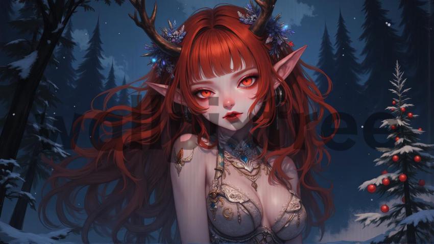 Fantasy Elf with Antlers in Snowy Forest