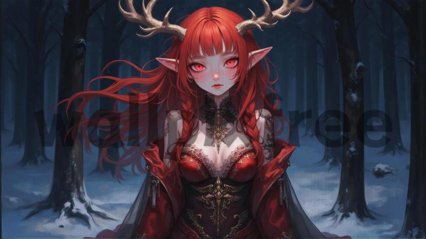 Fantasy Character with Antlers in Snowy Forest