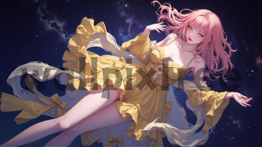 Anime Girl in Yellow Dress with Starry Background