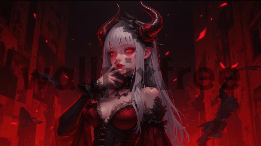 Gothic Demon Girl with Red Eyes and Horns