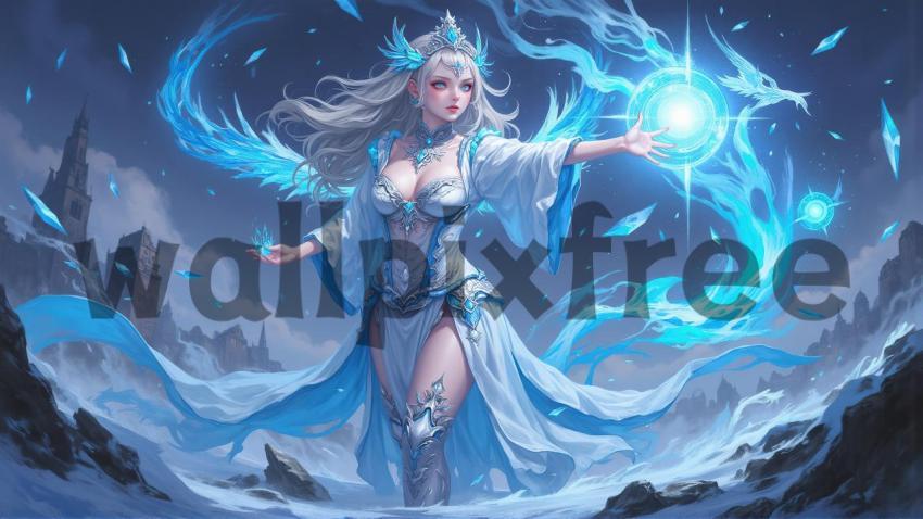 Ice Sorceress Casting Spell in Winter Landscape