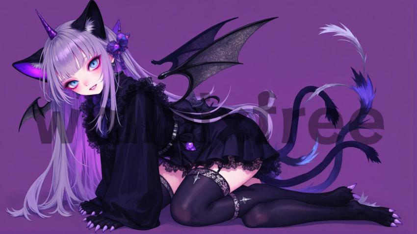 Anime Demon Girl with Cat Ears and Wings