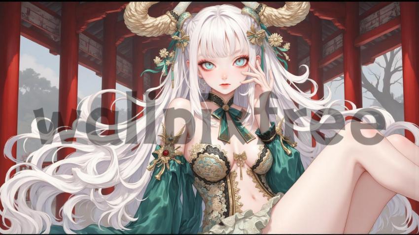 Fantasy Anime Character with Horns and White Hair