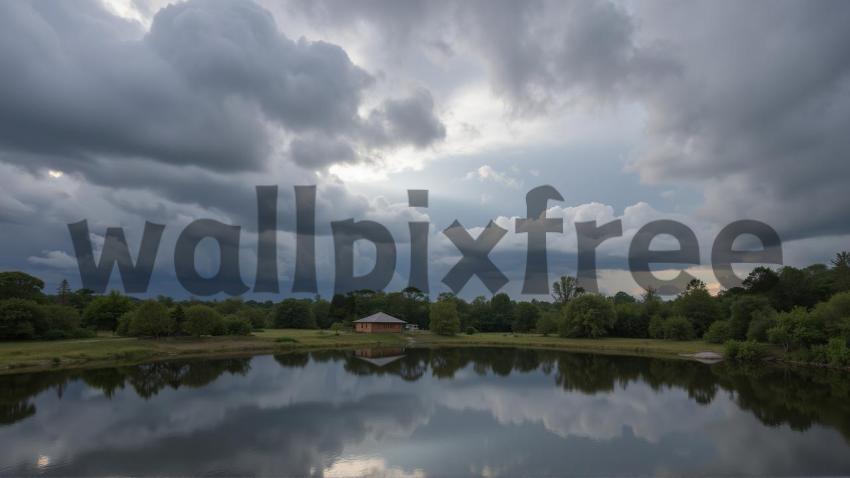 Cabin by the Lake with Stormy Sky