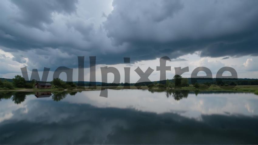 Stormy Sky Over Lake with Cabin