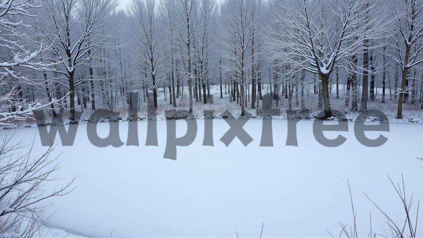 Snow Covered Trees and Frozen Lake