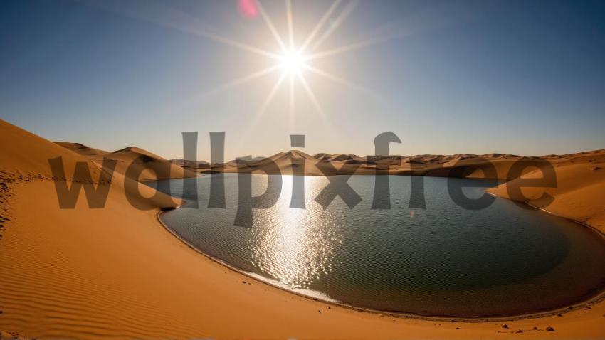 Desert Oasis with Sand Dunes and Sunlight Reflection